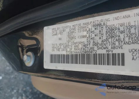 2002 Toyota Sequoia Sr5 V8 z USA, uszkodzony, nr VIN 5TDBT44AX2S086072